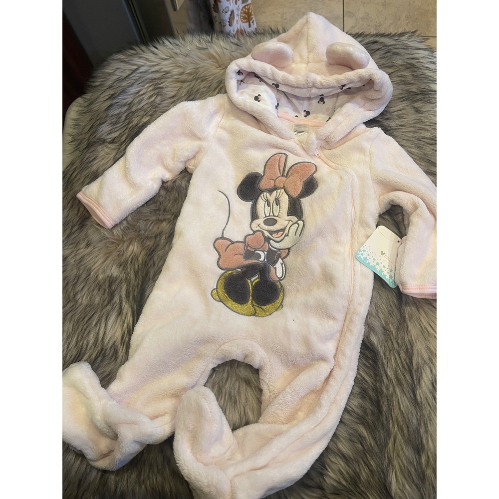 Disney Baby Girl Minnie Pink Plush Hooded Footie Jumpsuit Size 6/9 New
